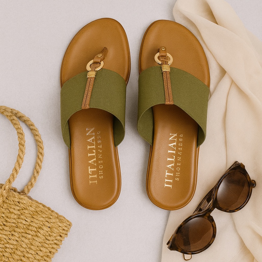 Italian Shoemakers Selah Sandals Olive Green Tan Gold Ring Made in Italy Size 8